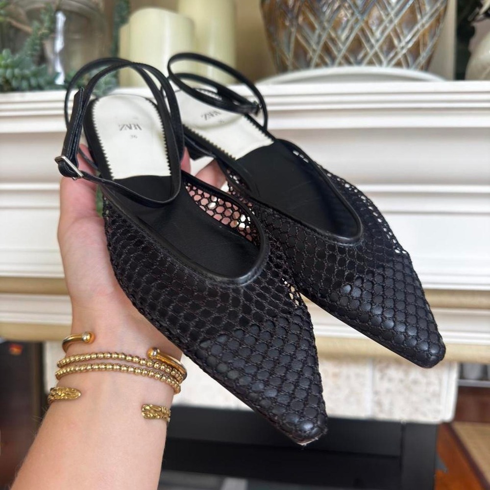 Zara black pointed toe sling back flats with netted mesh and solid toe size 36 - Picture 2 of 7